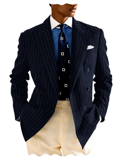 Navy Blue Striped Pattern Business Suit Jacket Double Breasted Slim Fit Blazer Casual Formal Attire Office Groom's Wedding Dress