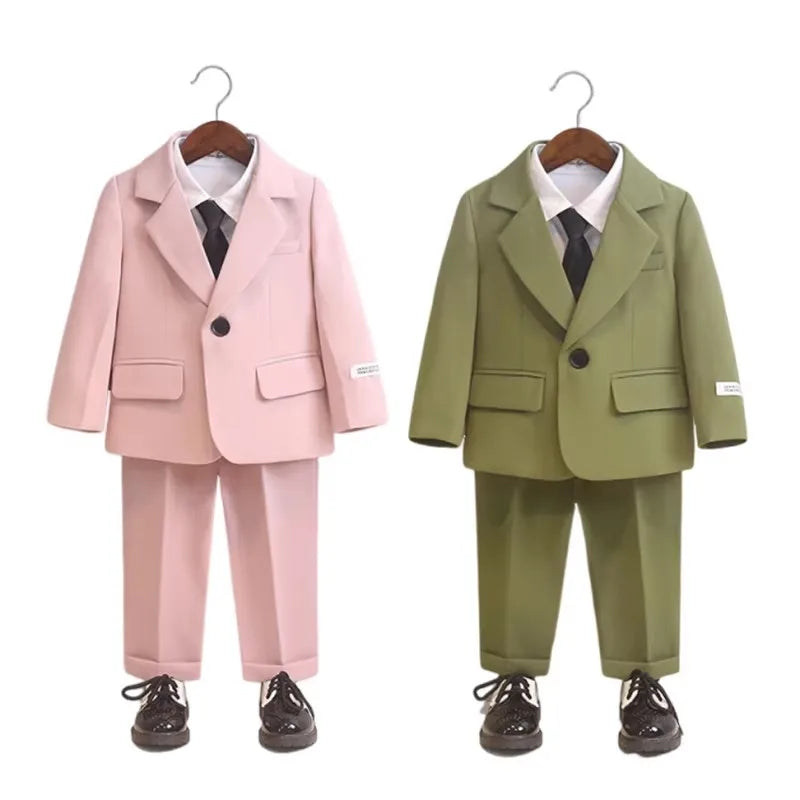 Children's Spring Autumn Piano Host Performance Costume Flower Girl Wedding Dress Kids Jacket Pants Necklace 3Pieces Suit Set