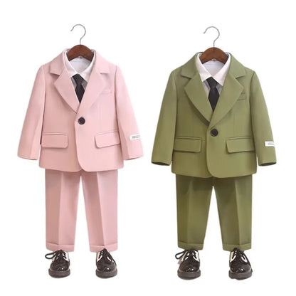 Children's Spring Autumn Piano Host Performance Costume Flower Girl Wedding Dress Kids Jacket Pants Necklace 3Pieces Suit Set