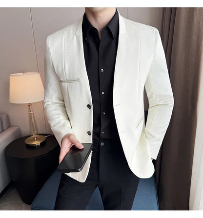 Chinese Style Collarless Suit Jacket Men Fashion Slim Fit Versatile Blazers Male Casual Business Wedding Groom Dress Jacket 2025