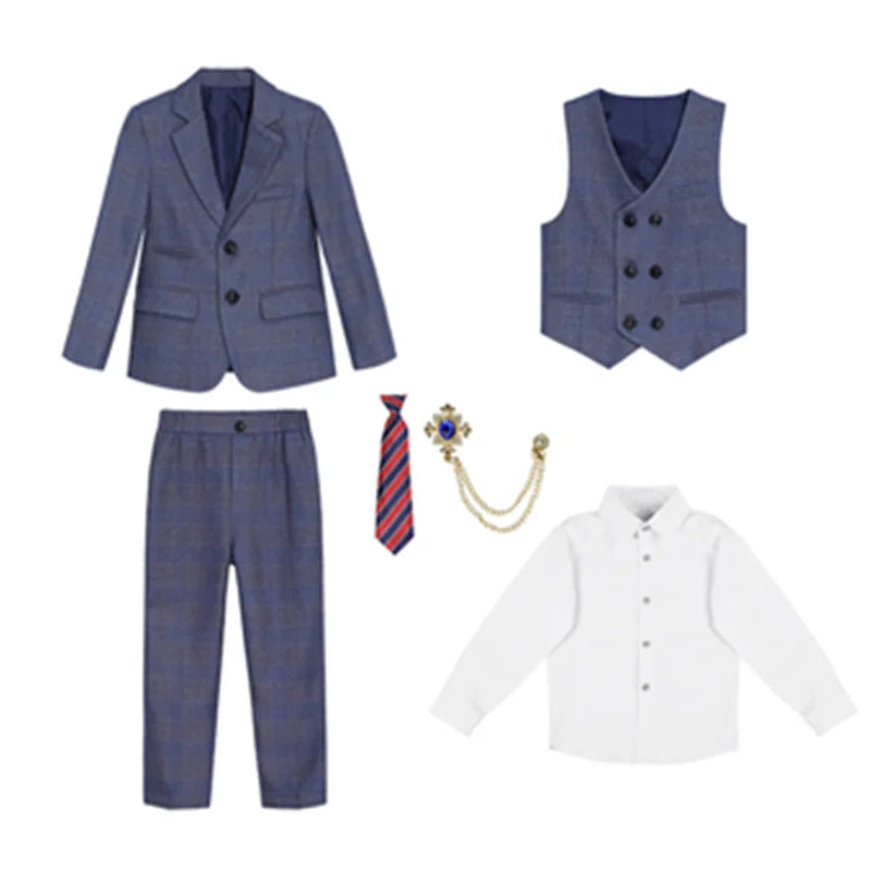 High Quality Boys Plaid Wedding Suits Kids Morning Coat Formal Dress Child Tuxedos Blazer Clothes Sets Toddler School Uniforms