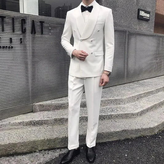 Men's 2-Piece Single Breasted White Suit – Loose Fit Formal Jacket & Trousers for Weddings, Grooms & Banquets
