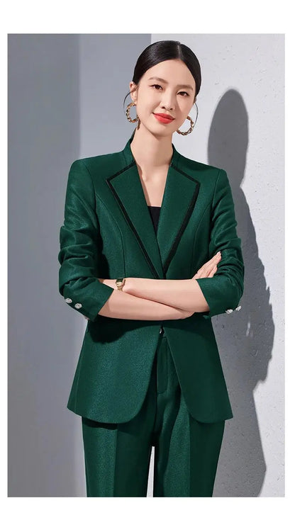 Elegant Single Button Blazer Suit Pant Sets for Women 2 Pieces Business Formal Office Outfit Autumn Plus Size Jacket Trousers