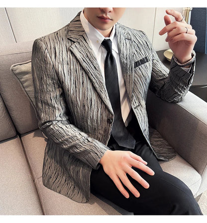 Korean Trend 3D Pleated Suit Jacket for Men Wedding Groom Business Dress Jacket Casual Banquet Party Host Blazer Masculino