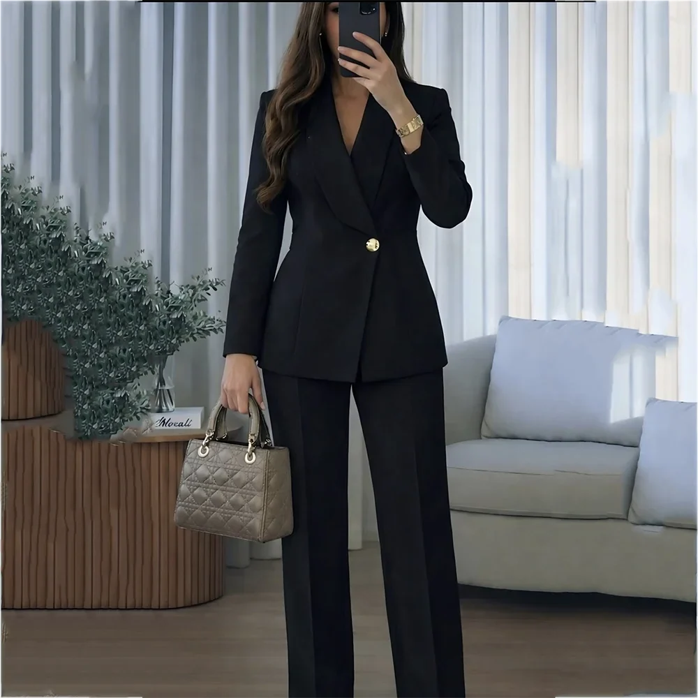 Classic Black Women Suit Single Button Shawl Lapel Formal Outfit 2 Piece Straight Fit Office Lady Business Casual Jacket Pants