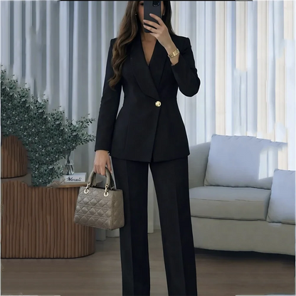 Classic Black Women Suit Single Button Shawl Lapel Formal Outfit 2 Piece Straight Fit Office Lady Business Casual Jacket Pants