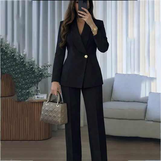 Classic Black Women Suit Single Button Shawl Lapel Formal Outfit 2 Piece Straight Fit Office Lady Business Casual Jacket Pants