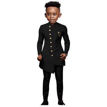 Boys Slim Fit Two-Piece Formal Suit with Gold Buttons – Kids Wedding & Party Tuxedo Set