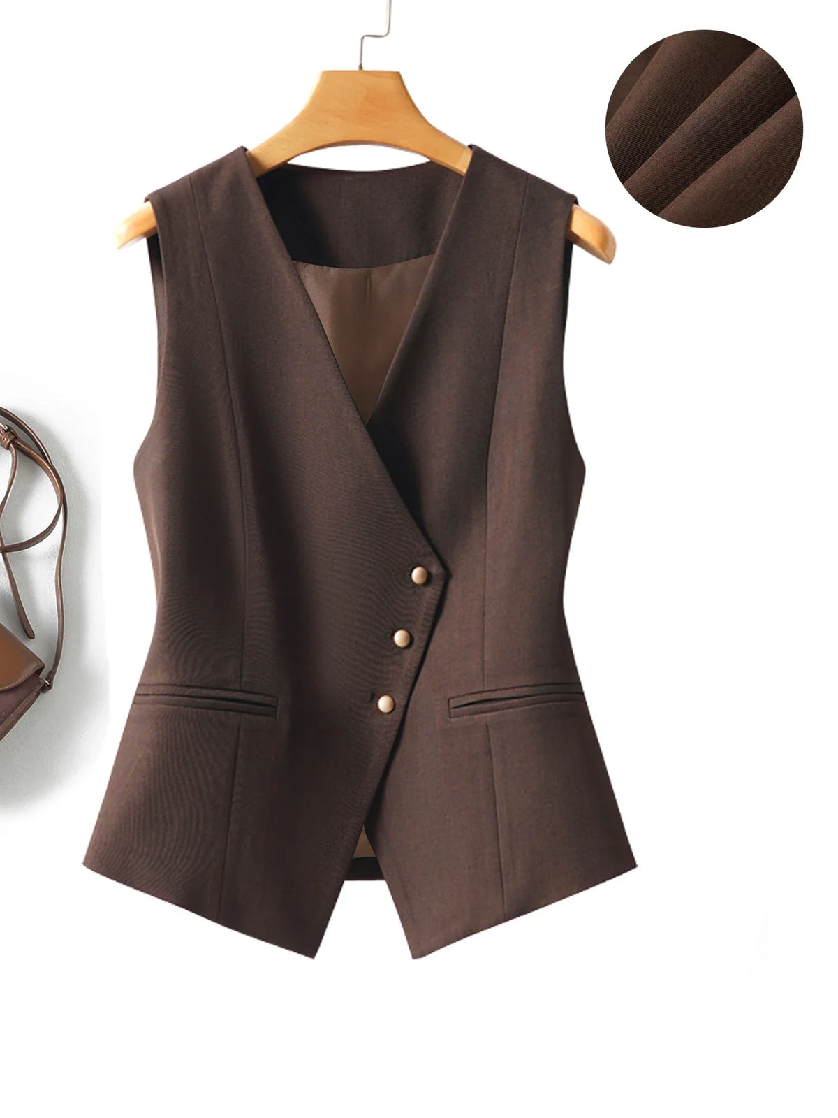 Short V-Neck Suit Vest for Women, Spring and Autumn Slant-Buttoned Top, Perfect for Office Wear and Versatile Vest