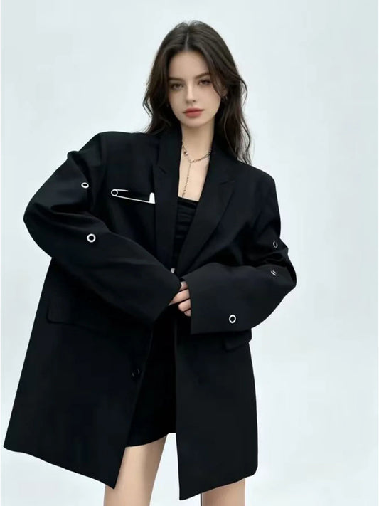 Women Black Gothic Loose Blazer Y2k 2000s Vintage Casual Fashion Korean Style Oversize Suit Jacket for Women Spring Autumn 2026