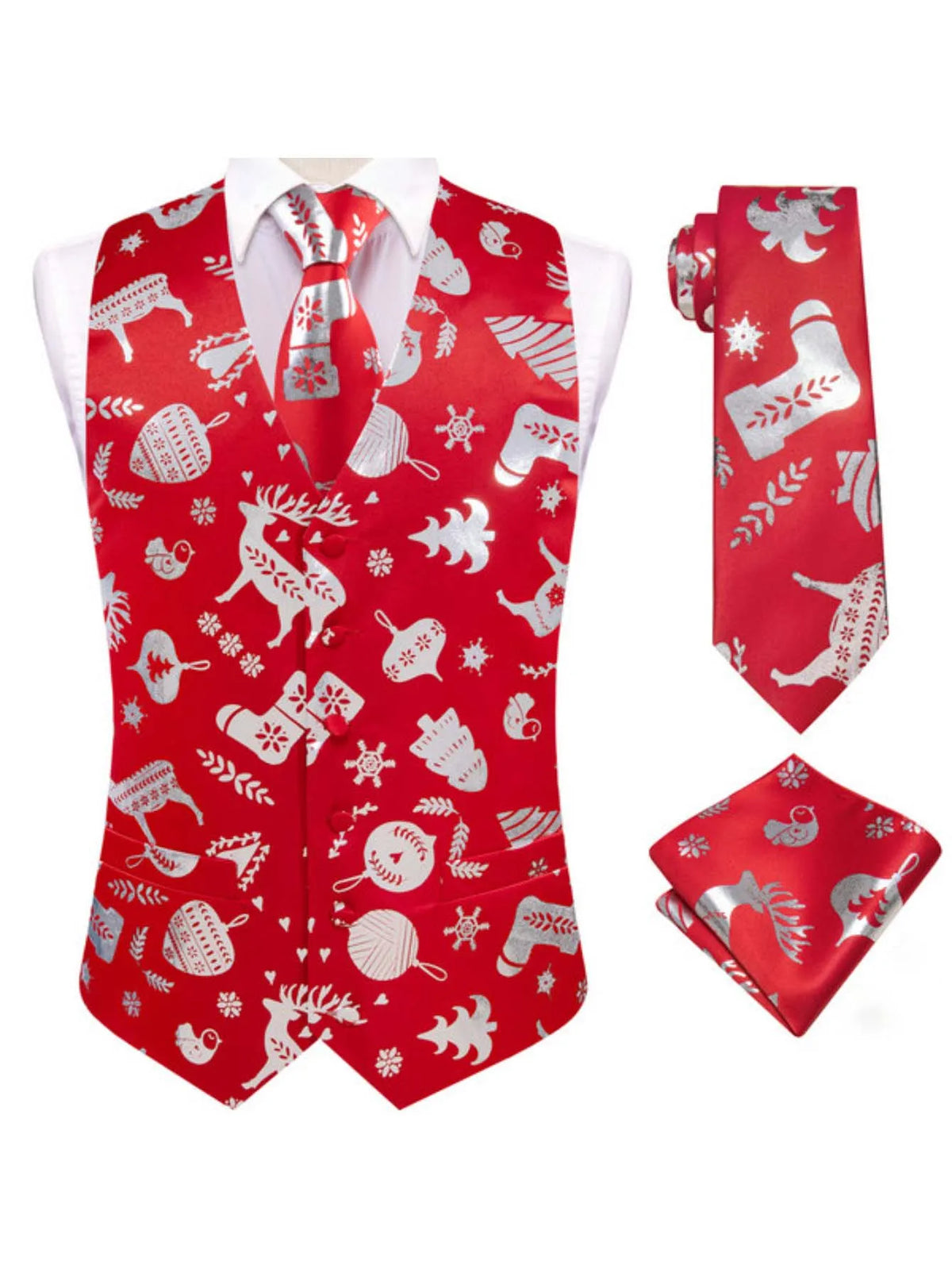 Men's Christmas Print Vest 3-Piece Set with Tie and Pocket Square for Holiday Parties