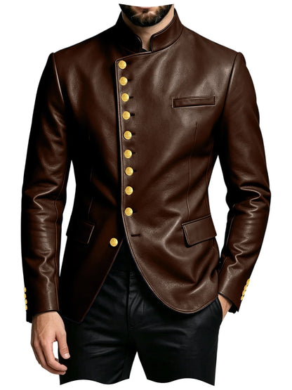 Luxury PU Men's Suit Blazer Single Breasted Stand Collar Slim Fit Leather Jacket Vintage High Quality Business Party Male Tuxedo
