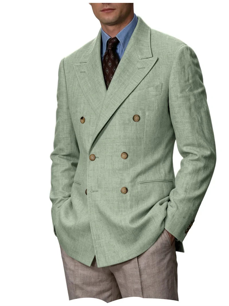 Men Linen Blazer Double Breasted Jacket Lightweight Soft Slim Coat For Business Wedding Casual Daily Party Vacation Dating