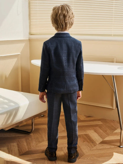 Txjojn Dark Blue Boys Plaid Suit Set 4 Pieces,Formal Long Sleeve Kids Suits For Autumn And Winter,Handsome Children's Tuxedo