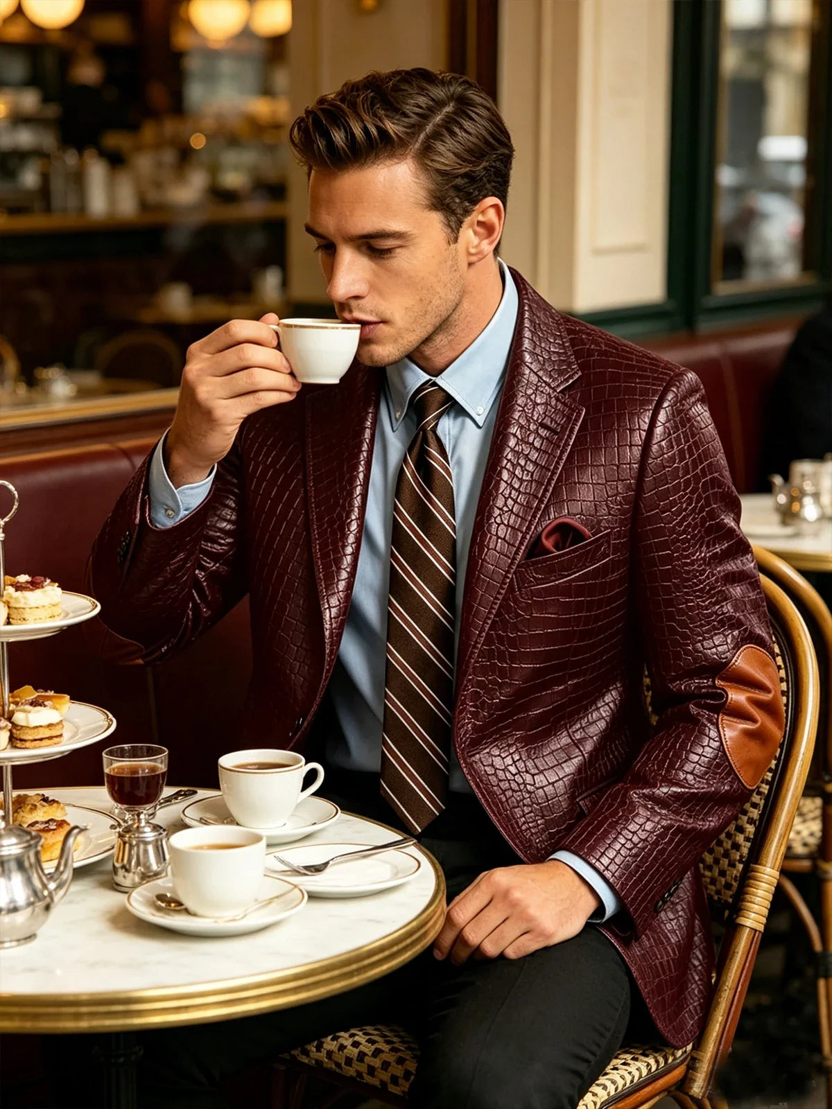 Men's Faux Leather Blazer  Crocodile Pattern Printed Sports Coat Jacket with Elbow Patch  For Party Prom Banquet Wedding Office