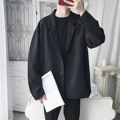 Men Spring Autumn Casual Blazer Set INS Korean Style Trendy Hong Kong Vibe Handsome Suit Jacket Outerwear