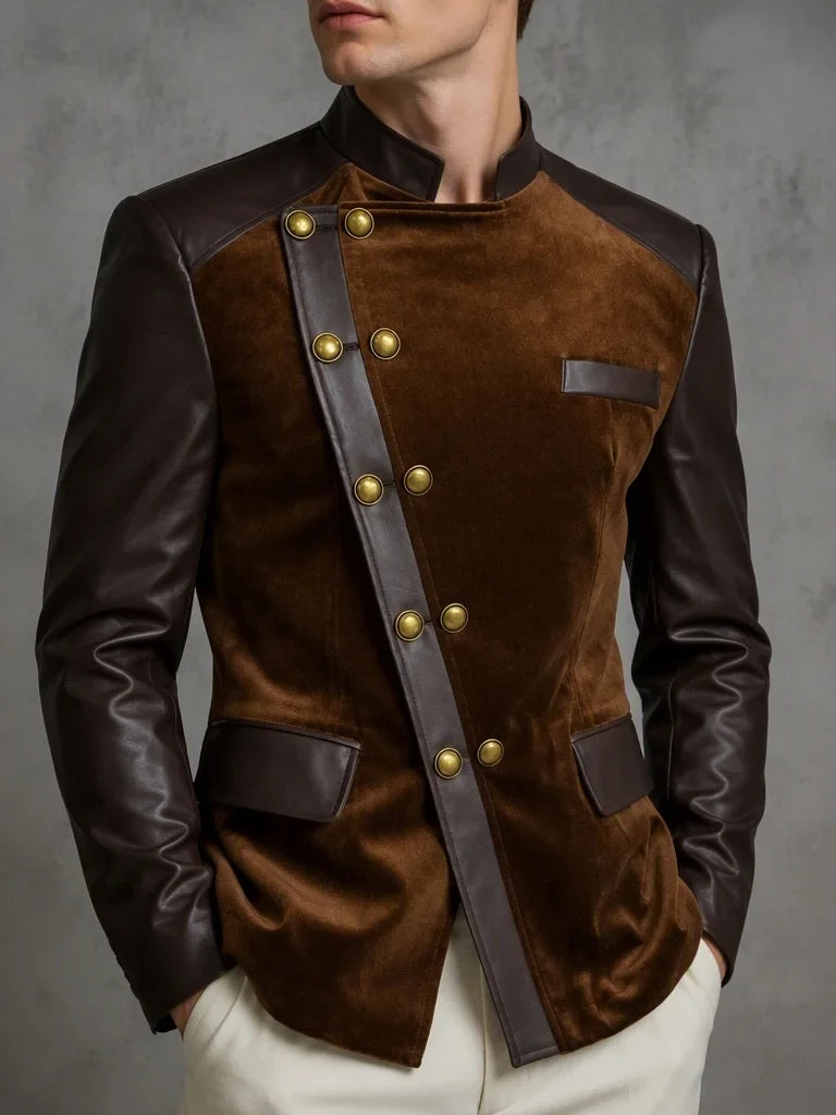 Men's Velvet Leather Splice Blazer Stand Collar Diagonal Double Breasted Slim Fit Retro Party Banquet Wedding Formal Jacket