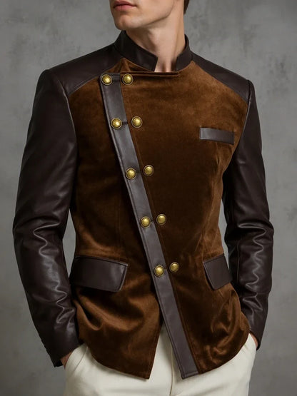Men's Velvet Leather Splice Blazer Stand Collar Diagonal Double Breasted Slim Fit Retro Party Banquet Wedding Formal Jacket
