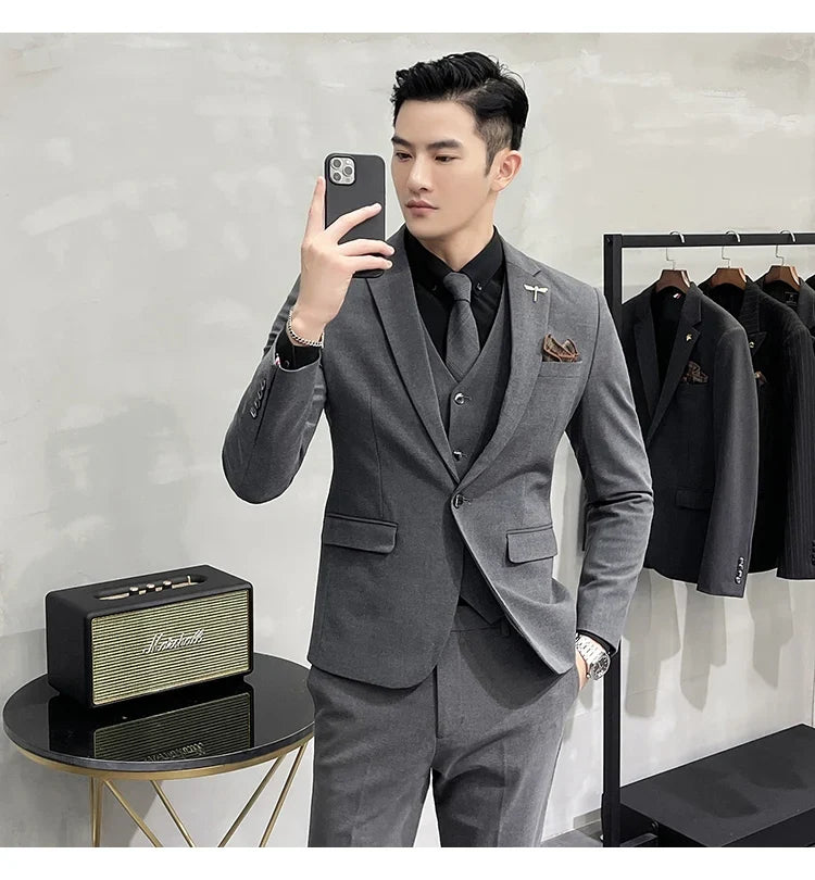 (Jacket +Vest+Pants) Plus Size 7XL-S Men Korean Slim Fit Groom Wedding Business Casual Tuxedo Mens Work Social Suit 3 Pieces