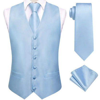Men's Vest Double Breasted Satin V-Neck Waistcoat with Tie and Pocket Square 3-Piece Set for Weddings and Formal Events