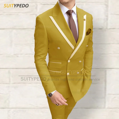 Fashion Men Red Suit Sets Wedding Party Custom Groomsman Elegant Outfits Birthday Banquet Male Stylish Blazer Pants 2 Pieces