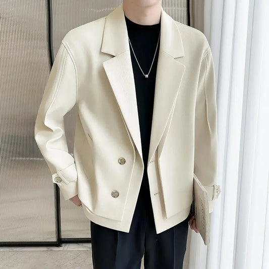 2025 Spring New Fake Two Piece Suit Collar Jacket Men Korean Trend Casual Business Blazers Loose Street Wear Social Jacket