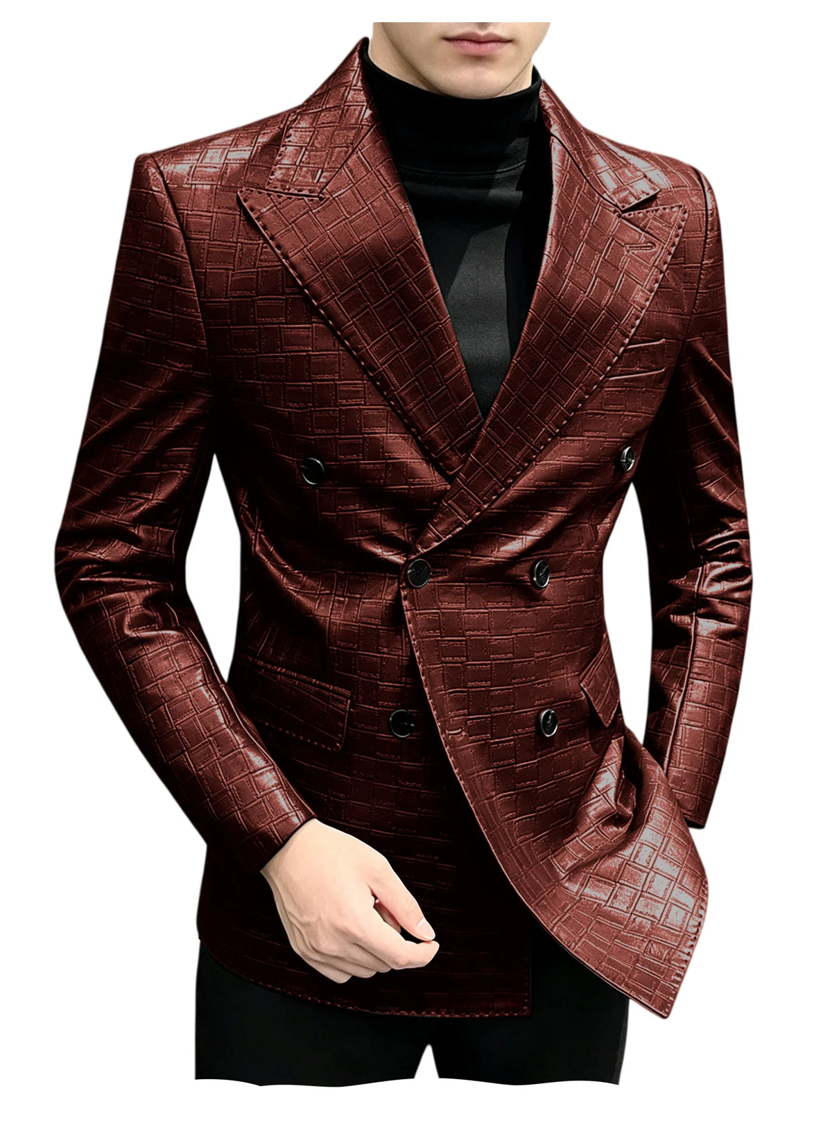 Men's Crocodile Leather Blazer Double Breasted Slim Fit Suit Jacket Formal Business Casual Sport Coat Wedding Party Streetwear