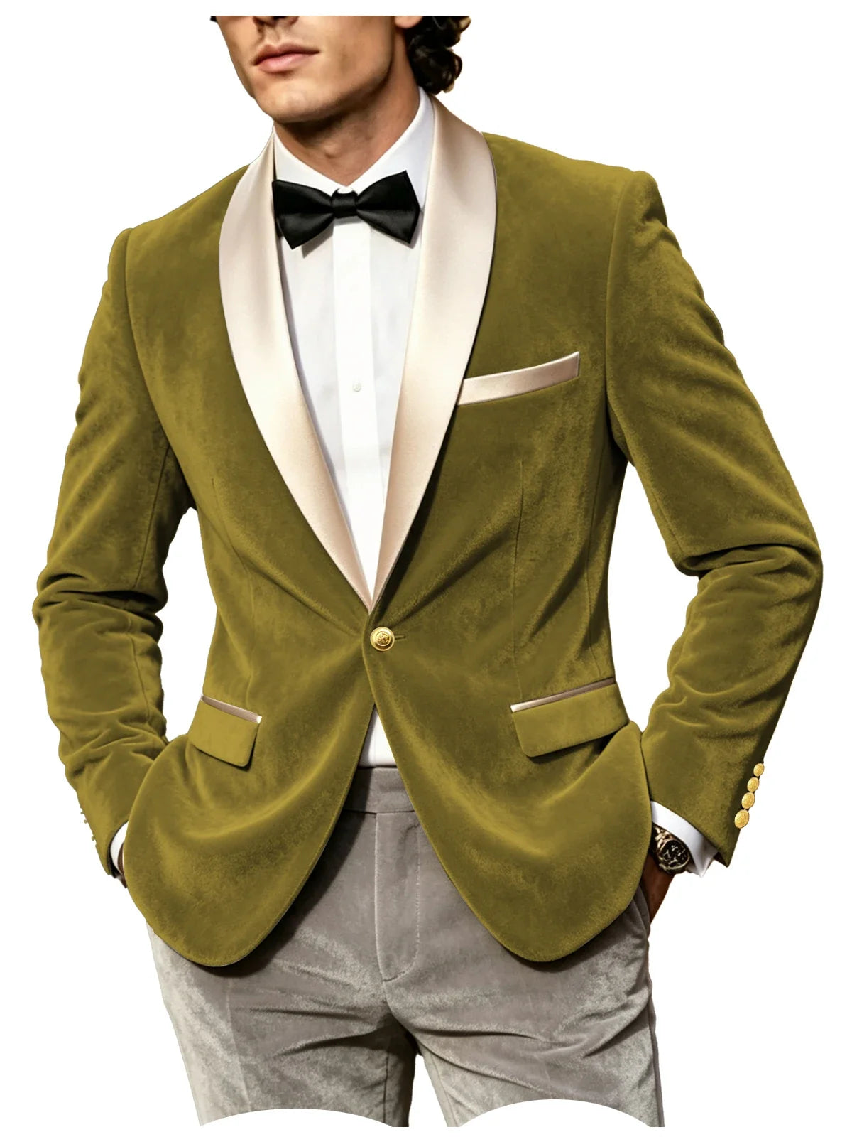 Men Velvet Tuxedo Jacket Champagne Satin Shawl Lapel Slim Fit Blazer Wedding Groom Party Prom Formal Western Dinner Suit Coat