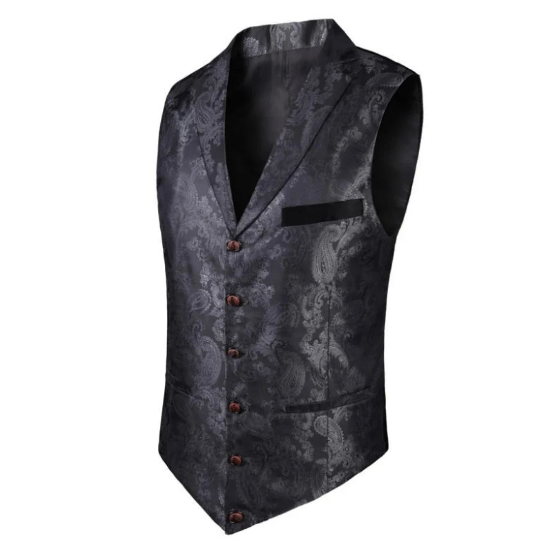 Men's Vest Blue Retro Jacquard Pattern Single Button V-Neck Waistcoat for Wedding & Formal Occasions