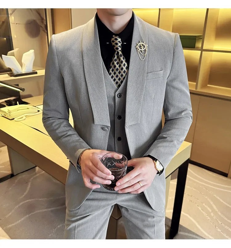 High Quality Casual Business Suit Set Men Slim Fit Social Wedding Groom Formal Set 3 Piece Set (jacket+vest+pant）men Clothing