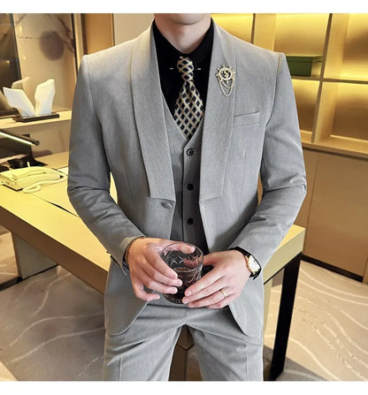 High Quality Casual Business Suit Set Men Slim Fit Social Wedding Groom Formal Set 3 Piece Set (jacket+vest+pant）men Clothing