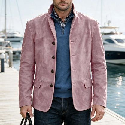 Men's Suede Blazer Single Breasted Slim Fit Classic Stand Collar Suit Jacket for Weddings & Daily Wear