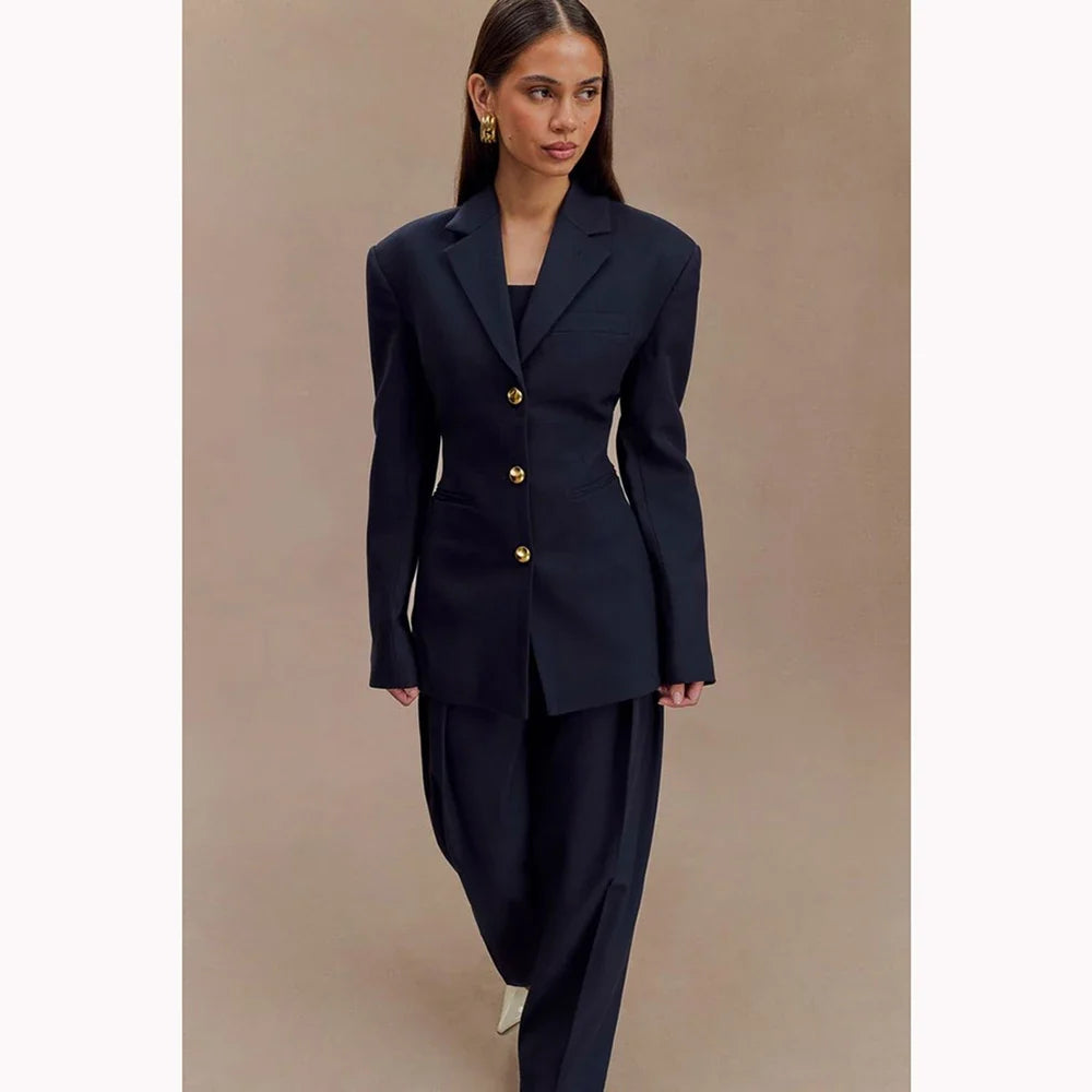 Dark Blue Women Suits Customized Slim Fitted Single-breasted Two Pieces(Jacket+Trousers) Ladies Formal Party Wedding Set