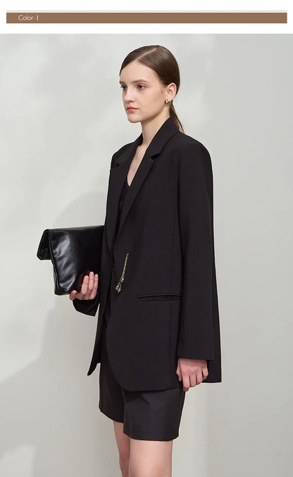Minimalist Blazer Women 2025 Autumn New Office Lady Turn Down Collar Chain Charm Shoulder Padded Jacket Black Top 12521063