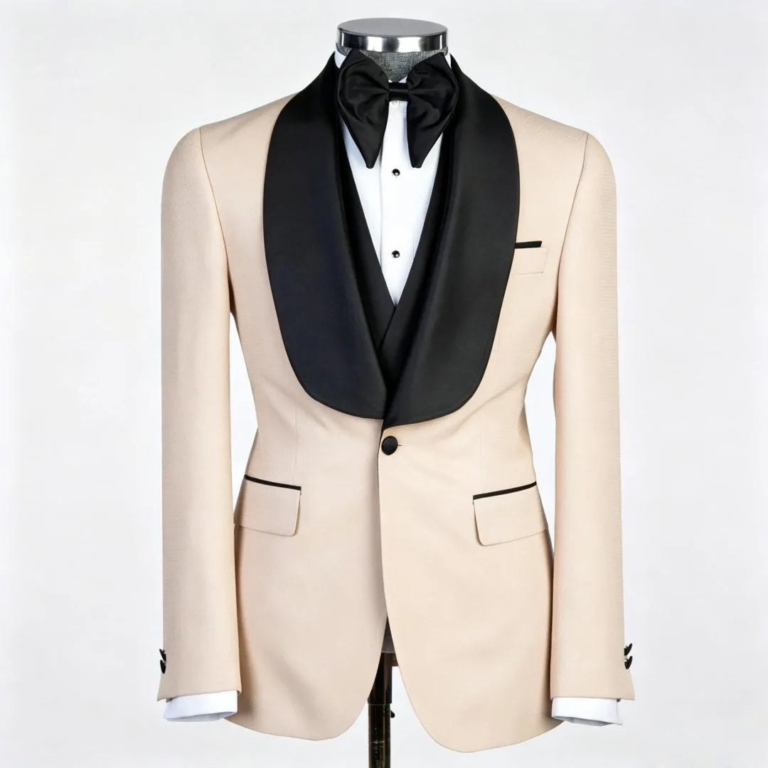 Men Suit Champagne 3 Piece With Black Lapel For Wedding Groom Banquet Party Birthday Prom Business Work Office Jacket Vest Pants