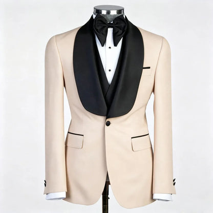 Men Suit Champagne 3 Piece With Black Lapel For Wedding Groom Banquet Party Birthday Prom Business Work Office Jacket Vest Pants