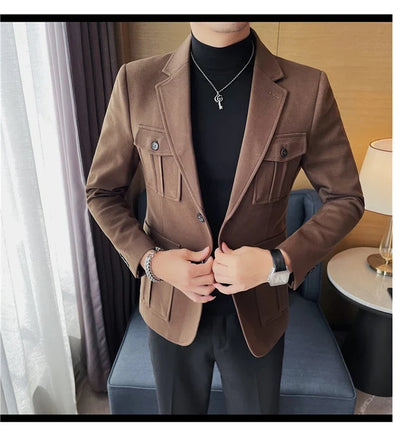 Winter Woolen Suit Jacket for Men Multiple Pockets Slim Fit Casual Business Blazers Masculino Wedding Streetwear Social Coats