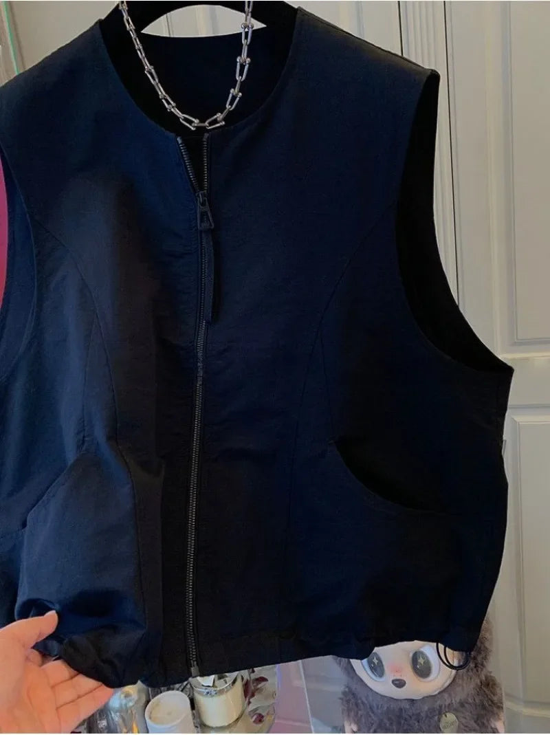 Women's Vest 2026 New Solid Color Round Neck Zipper Loose Sleeveless Jacket Vest Female Casual Tops Ladies Waistcoat Outerwear