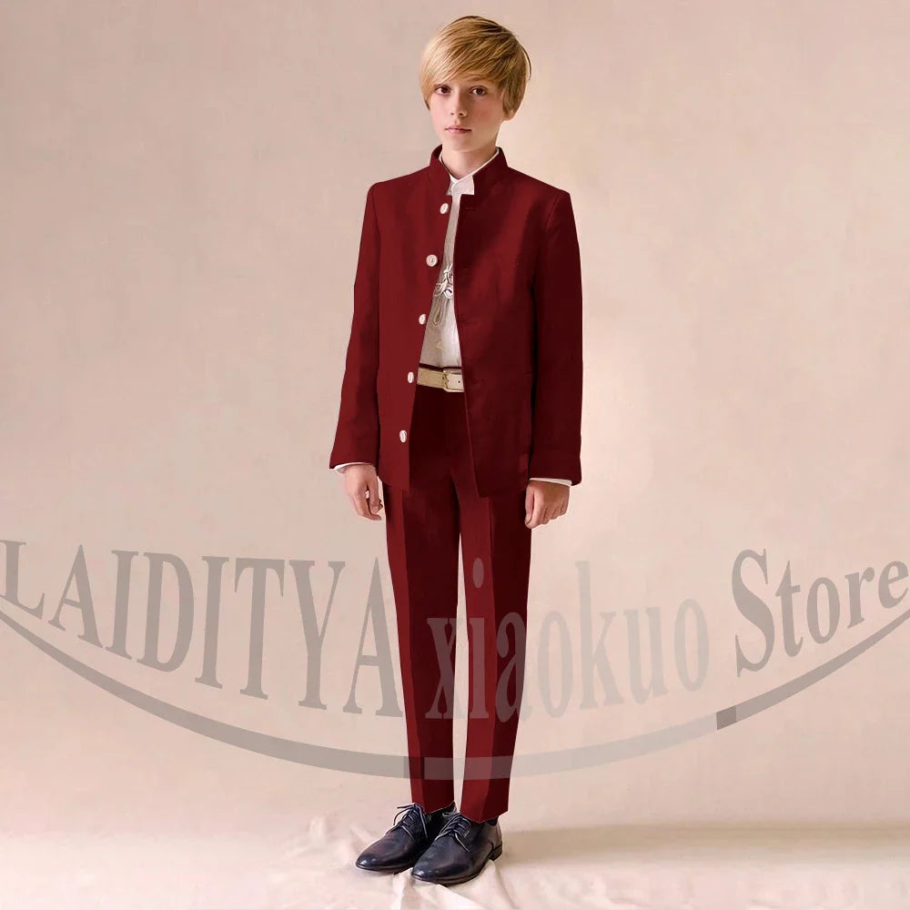 Chic Linen Boy Suits Fashion Stand Collar Single Breasted Blazer with Pants Formal Wedding Tuxedo Daily Casual Kids Clothes