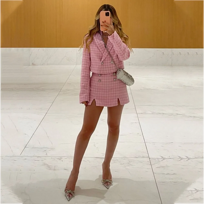 Luxury Pink Houndstooth Suit For Women 2 Pieces Peak Lapel Double Breasted Cropped Blazer Mini Skirt Set Fashion Party Outfit
