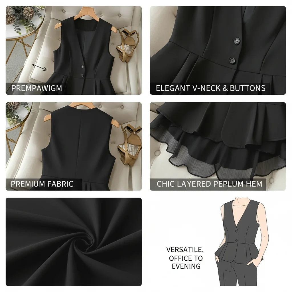 Women's Elegant V-Neck Peplum Vest, Sleeveless Button Down Blazer Waistcoat with Layered Chiffon Hem for Business Casual Office