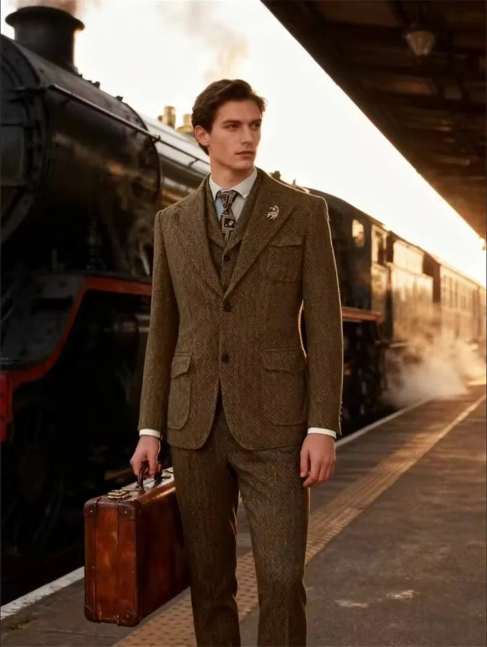 3-Piece Herringbone Suit Set for Men – Jacket, Vest & Pant