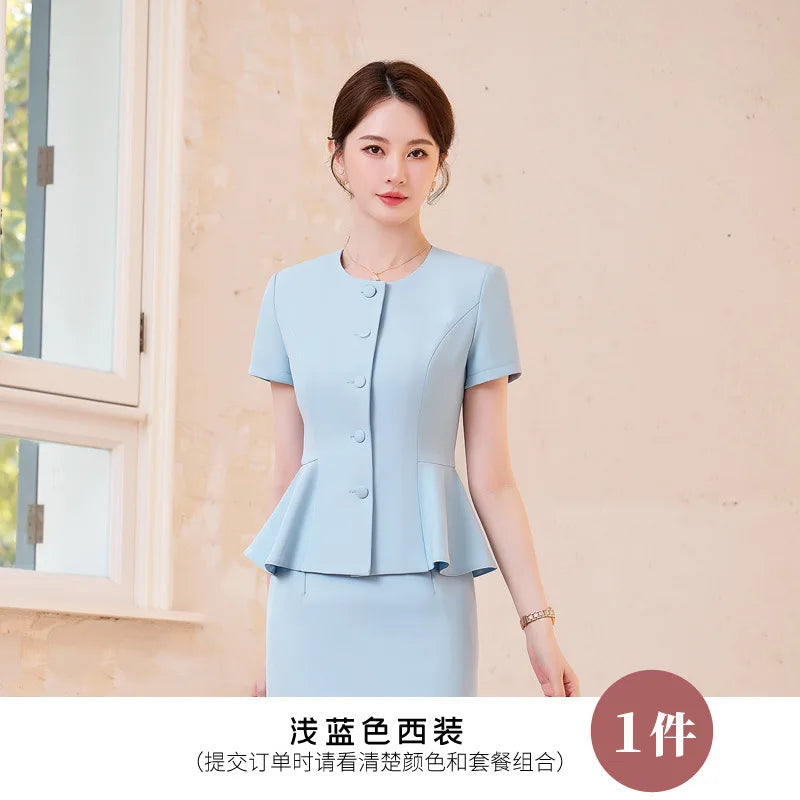 2025Summer Blue Short Sleeve Blazer Suit Professional Women's Skirt Set Short Skirt Elegant Fashion Formal Workwear