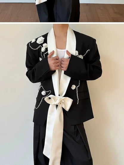 2026 Spring New Fashion Elegant Temperament Ribbon Decorate Blazer Coat Men's Handsome Luxury Casual Male Clothes JY5386