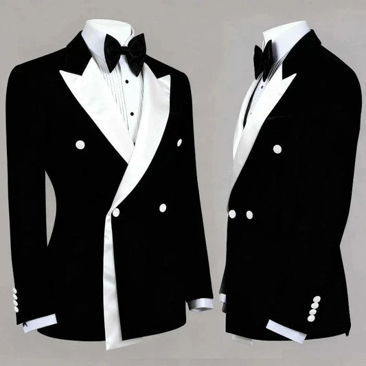 Mens 2 Pieces Tuxedo Suit Double Breasted Black Jacket Pants Set White Satin Peak Lapel Slim Fit Formal Wedding Groom Customized