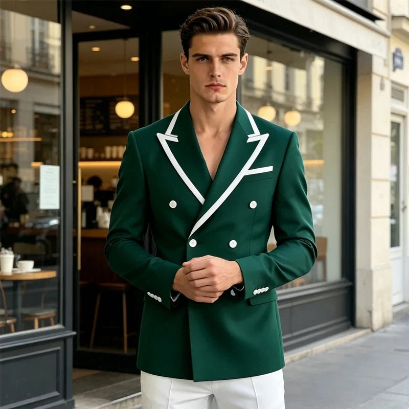Double Breasted Slim Fit Blazer – Men's Formal Suit Jacket with White Contrast Piping