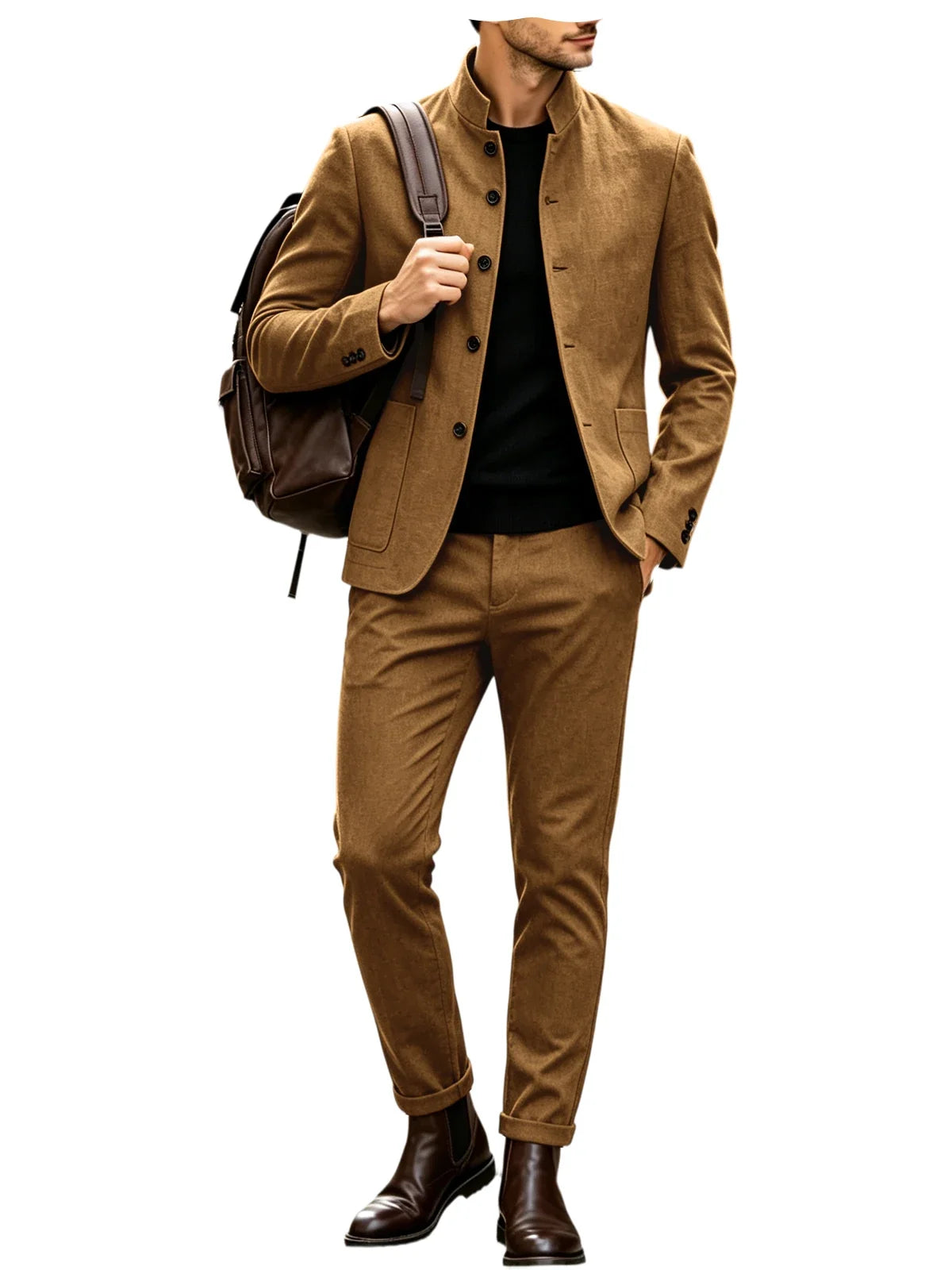 Men Stand Collar Linen Blazer Set Slim Fit 2 Pieces Jacket Pants Breathable Wrinkle‑Resistant Vintage Casual Business Outerwear