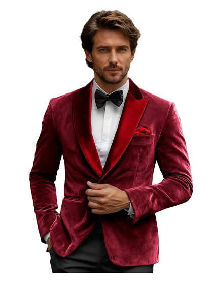 Luxury Burgundy Velvet Men's Blazer Suits Single Breasted Black Shawl Lapel Slim Fit Men Sport Coats Formal Wedding Groom Jacket