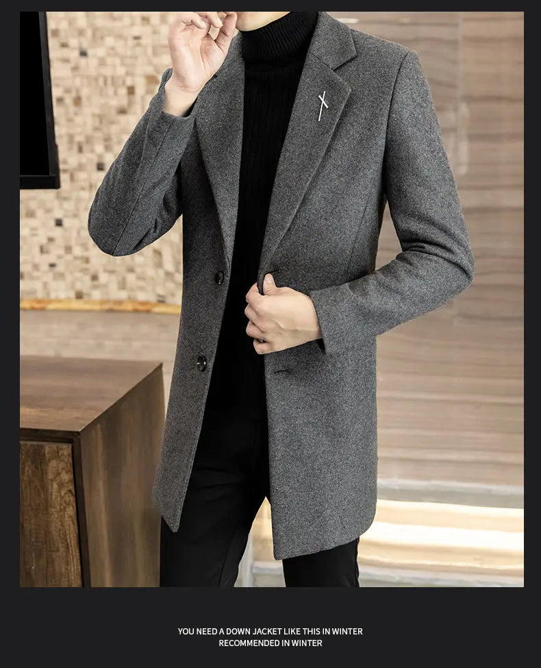 High-quality men's fashionable and stylish mid-length solid color woolen and cotton thick coat for autumn and winter