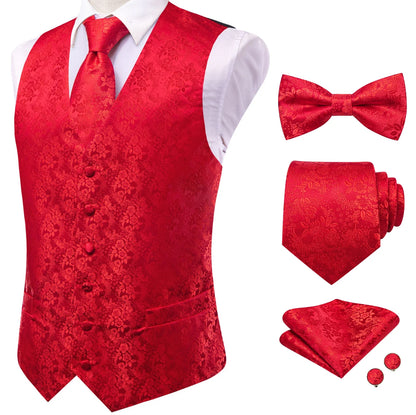 Men's Jacquard Waistcoat 5-Piece Set – Double Breasted Vest with Tie, Bow Tie, Pocket Square & Cufflinks for Weddings & Formal Events